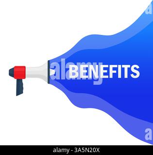 Benefits concept. Badge with megaphone icon. Flat vector illustration on white background. Stock Vector