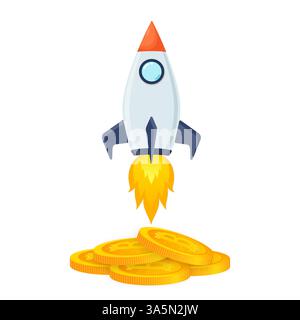 Concept of Crypto currency. Blockchain with a rocket. Bitcoin is Symbol going in to sky. Stock Vector