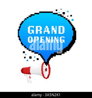 Grand opening megaphone. Pixel style illustration. Celebrate party. Party flyer Stock Vector