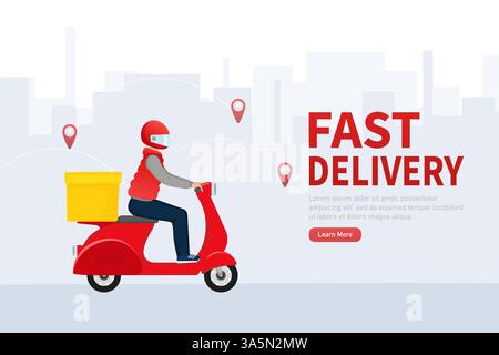 Fast delivery in flat style. Food delivery service. The courier rides a motorbike with the goods. Stock Vector