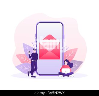 Flat illustration with letter smartphone people for concept design. Flat vector character. Business illustration. Smartphone screen. Stock Vector