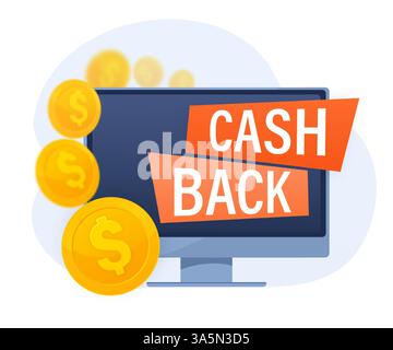 Flat icon with cash back for concept design. Cash back concept in flat style. Vector illustration. Stock Vector
