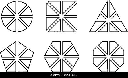 Geometric shapes divided into 8 slices isolated on white background. Round, square and triangle, pentagon, hexagon and octagon shapes cut in eight equal parts. Vector outline illustration. Stock Vector