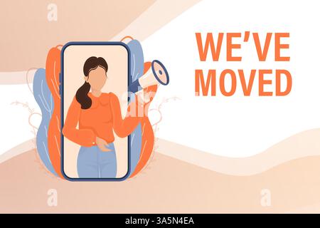 Template with we have moved girl holding megaphone on white background for flyer design. Vector illustration in flat style. Stock Vector