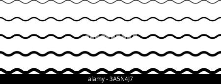 Set of horizontal parallel wavy lines of different thicknesses. Undulated borders. Water, fluid, air or wind symbols. River, sea, lake or ocean signs isolated on white background. Vector illustration. Stock Vector