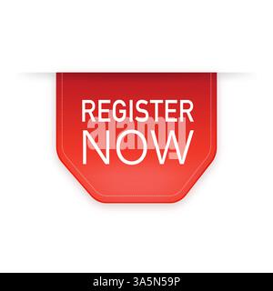 Register now red ribbon isolated on white background. Red label, banner for any purposes. Vector illustration. Stock Vector