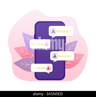 Flat illustration with golden rating people. Rating people with smartphone in flat style on white background. Vector illustration. Flat illustration. Stock Vector