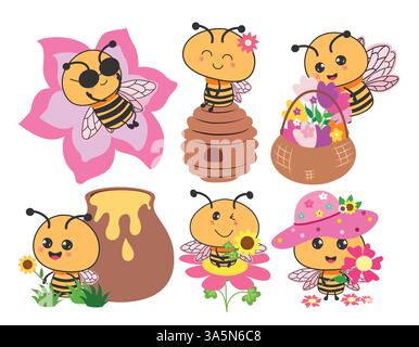 Bee character clipart drawing set. Cute yellow honeybee clip art collection flying, sitting in beehive, holding colorful flowers, wearing pink hat Stock Vector