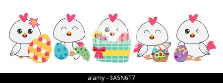 Chicken character clipart drawing set. Cute chick animal sitting and standing with heart, easter egg, flower basket elements clip art collection Stock Vector