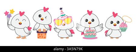 Chicken birthday character clipart drawing set. Chicken in cute pose standing and sitting in gift box with cupcake, star, cake, heart Stock Vector