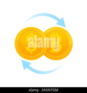 Flat illustration with gold currency exchange bitcoin to dollar for concept design. Vector illustration Stock Vector