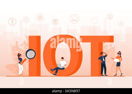 IOT. Internet of things, devices and connectivity concepts on a network, flat style with people. Spider web of network connections. Vector Stock Vector