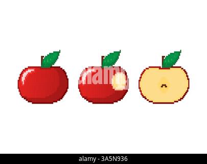 Classic abstract illustration with red pixel and bitten apple for game design. Pixel vector illustration. Abstract background Stock Vector