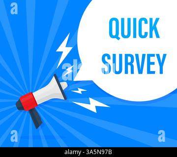 Quick survey. Badge with megaphone icon. Flat vector illustration on blue background. Stock Vector
