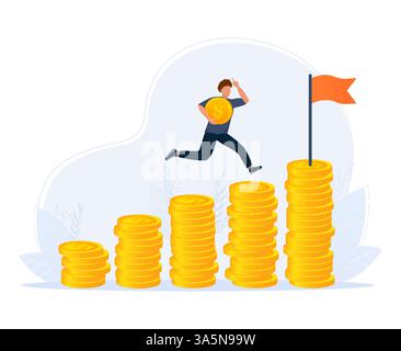 Compound interest, money growth investment. Businessman putting coins in jar on money stack step growing growth saving money Stock Vector