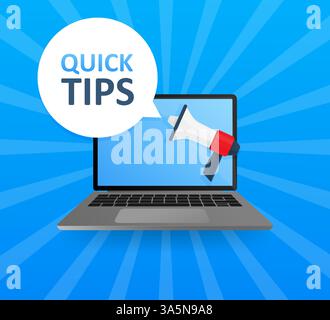 Laptop screen with megaphone. Quick tips! Emblem, label, badge. Text in speech bubble on blue background. Vector stock illustration. Stock Vector