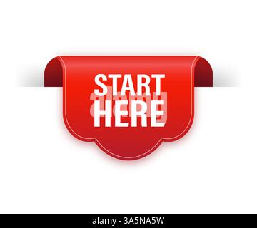 Start here red ribbon isolated on white background. Red label, banner for any purposes. Vector illustration. Stock Vector