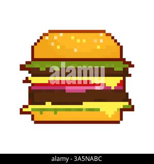 Burger in pixel style. Closeup for promotion design. Abstract background. Logo design. Fast food Stock Vector