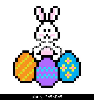 Pixel bunny Easter. Colorful eggs collection. Retro video style. Vector holiday theme. Stock Vector
