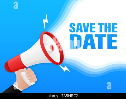 Template with blue save the megaphone on white background for flyer design. Vector illustration in flat style. Stock Vector