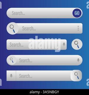 Search bar set. White UI elements. Gradient blue background. Vector interface icons. Stock Vector