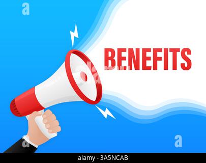 Benefits concept. Badge with megaphone icon. Flat vector illustration on white background. Stock Vector
