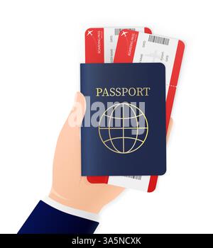 Hand, holding international passport and airline tickets on white background. Vector illustration icon. Flat icon design. Identity document. Stock Vector