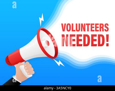 Blue volunteers needed megaphone on white background for flyer design. Vector illustration in flat style. Stock Vector