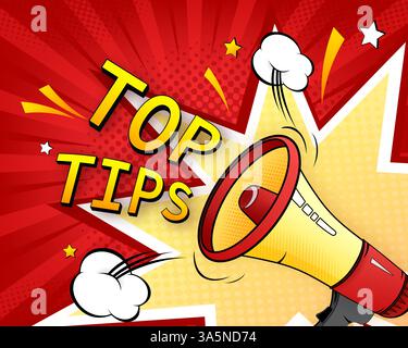 Megaphone - Top tips on white background. Pop style. Vector stock illustration Stock Vector