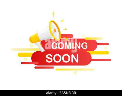 Coming soon megaphone on white background for flyer design. Vector illustration in flat style. Stock Vector
