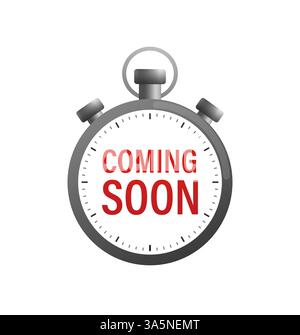 Flat illustration of timer with coming soon on white backdrop. Icon for promotion design. White background. Web design. Stock Vector