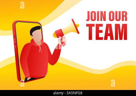 Template with join our team man holding megaphone on white background for flyer design. Vector illustration in flat style. Stock Vector