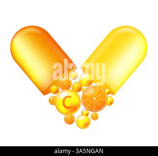 Vitamin C, orange fruit and letter C with two green leaves. Vitamin concept with slice of juicy orange. Healthy complex with chemical formula from Stock Vector