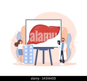 Flat illustration with liver on white background for medical design. Characters in cartoon style. Vector hepatic system organ, digestive gallbladder Stock Vector