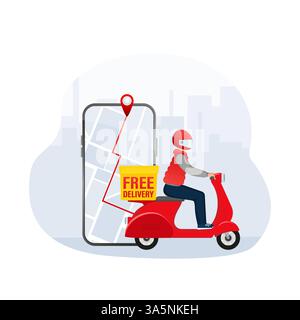 Fast delivery in flat style. Food delivery service. The courier rides a motorbike with the goods. Stock Vector