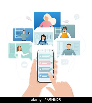 Refer a friend in flat style. Flat business template. Hands holding smartphone. Vector illustration. Stock Vector