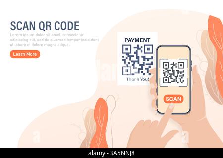 Scan qr code people, great design for any purposes. 3d vector background. Flat design. Vector character illustration. Stock Vector