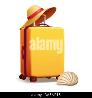 A vibrant yellow suitcase adorned with a stylish straw hat and a seashell, symbolizing a fun and relaxing beach getaway. Stock Vector