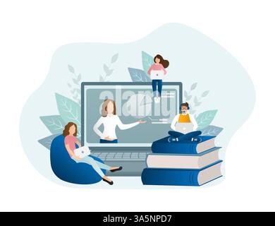 Flat icon with online education. Character for web marketing design. Technology concept. Vector illustration. Stock Vector