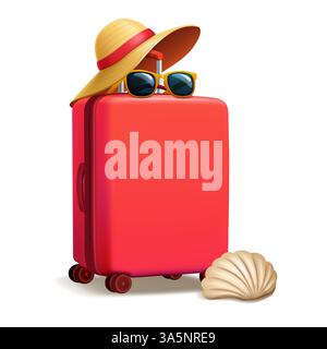 A vibrant red suitcase is accessorized with a stylish straw hat, yellow sunglasses, and a seashell, evoking the spirit of a fun-filled beach vacation. Stock Vector