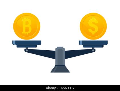 Crypto currency exchange on scale. Bitcoin exchange. Digital money. Digital bank Stock Vector