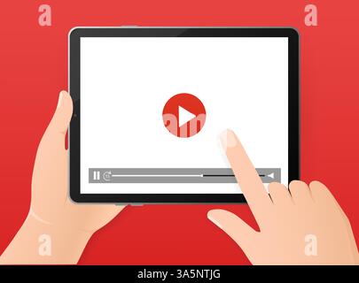 Flat advertising. Tablet display. Flat style banner with tablet online player. Social media network concept. Gadget illustration vector. Stock Vector
