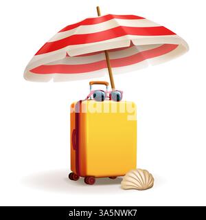 A vibrant yellow suitcase with red sunglasses and a red and white striped umbrella. The seashell nearby adds to the beach theme, making it perfect for Stock Vector