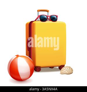 A yellow suitcase, adorned with red sunglasses, is accompanied by a colorful beach ball and a seashell. The playful design evokes the spirit of a beac Stock Vector