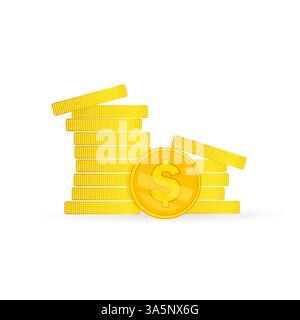 Coins stock vector illustration in flat style. Coins pile, coins money, one golden coin standing before stacked gold coins. Stock Vector
