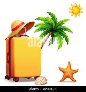 A vibrant illustration featuring a yellow suitcase with a straw hat, a leaning palm tree, a sun, a starfish, and a seashell, all set against a white b Stock Vector