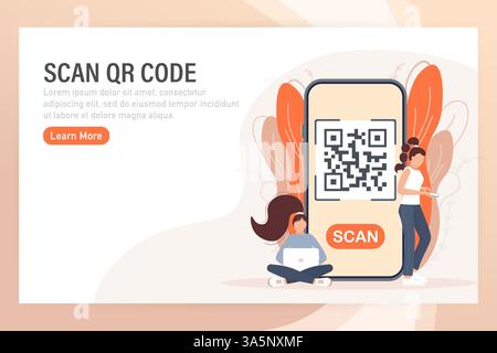 Scan qr code people, great design for any purposes. 3d vector background. Flat design. Vector character illustration. Stock Vector