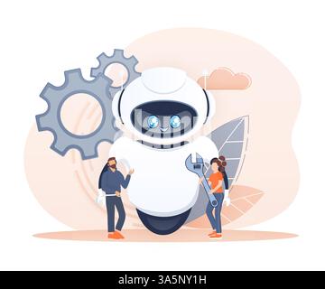 Settings bot in cartoon style. Marketing social media concept. Global social network Stock Vector