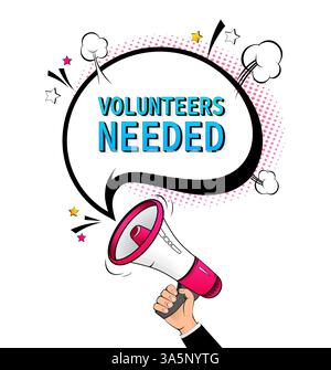 Blue volunteers needed megaphone on white background for flyer design. Vector illustration in pop style Stock Vector