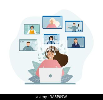 Flat illustration. Video conference. Video call between friends, chatting online by mobile app. Stay at home, work, communication remotely. Vector Stock Vector